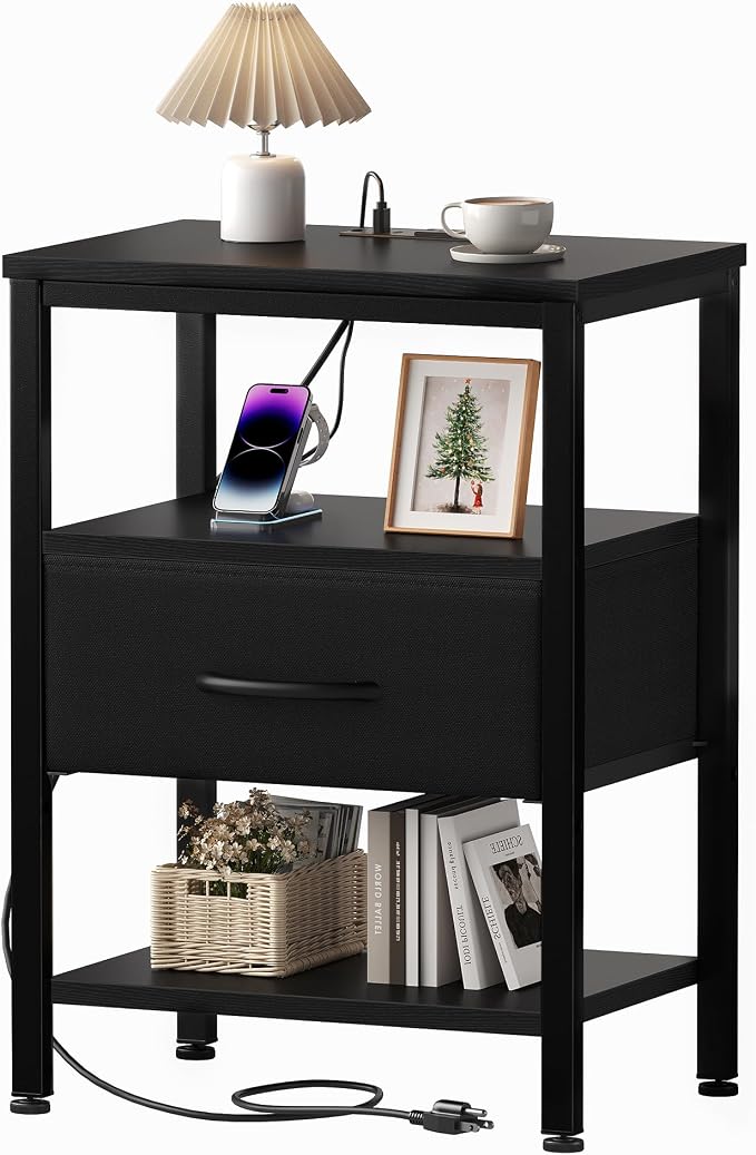 OLIXIS Nightstand with Charging Station, Beside Table with Fabric Drawer | 3-Tier End Table with 2 Storage Shelves,Night Stand with USB Ports and Outlets for Bedroom, Black by OLIXIS