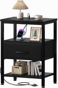 OLIXIS Nightstand with Charging Station, Beside Table with Fabric Drawer | 3-Tier End Table with 2 Storage Shelves,Night Stand with USB Ports and Outlets for Bedroom, Black by OLIXIS