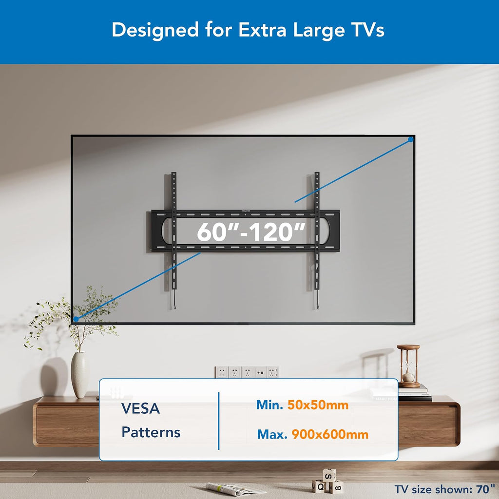 Mount-It! Heavy Duty XXL Fixed TV Mount for Extra Large TVs, Ultra Low Profile Wall Mount, max VESA 900x600, Holds 264lb, Flush TV Mount for 60", 65", 70", 75", 80", 85", 90", 100",120" - Image 2