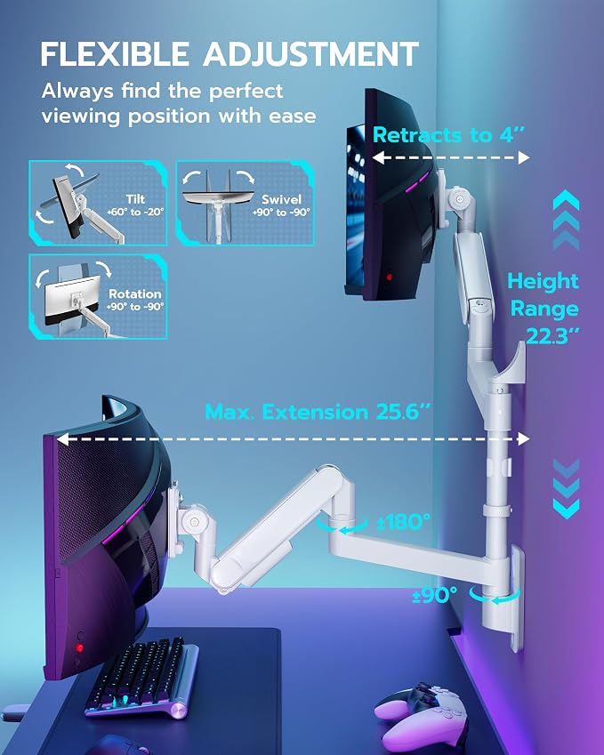 ARES WING Dual Monitor Wall Mount for 24-57 Inch Ultrawide Screen, White | Premium Heavy Duty Gaming Monitor Arm for 60 lbs, Full Motion Gas Spring, Bearing Head for Easy Adjustment, 75/100 VESA Mount - Image 6