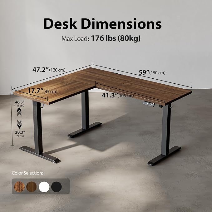 Agilestic L Shaped Standing Desk Adjustable Height, 59 Inch, Dark Walnut | Electric Height Adjustable, Spacious Corner Desktop, Sturdy Steel Frame, Memory Presets, 176 lbs, Splice Board - Image 3