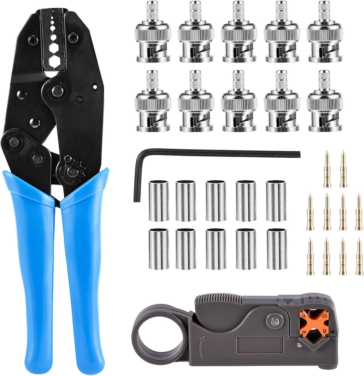 1Set BNC Crimp Tool, Rotary Coaxial Cable Stripper for RG58 with 10pcs BNC Plug Crimp Connector Set by KingBra