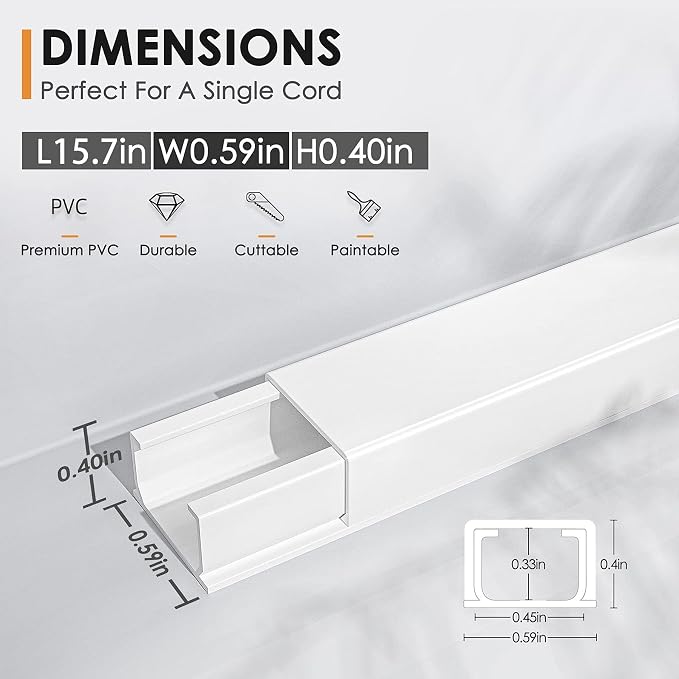 Delamu 236in Cord Hider, Single-Wire Cord Covers for Wires on Wall, Paintable Snap-on Design Wire Cover, Cable Management Kit for Corner-Mounted TVs, Easy Install Cable Raceways, W0.59 H0.4in, White - Image 2