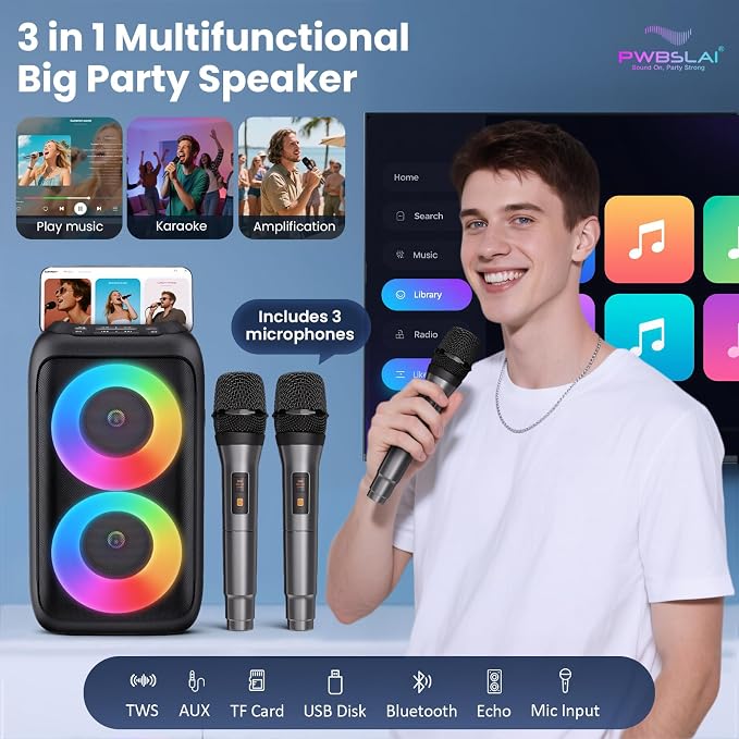 Bluetooth Speaker with 3 Wireless Microphones, Portable Party Speaker for Adults & Kids with Lights, Speakers Bluetooth Wireless, Floorstanding Speakers Support TWS/AUX/USB/TF Card for Home Party Gift - Image 2