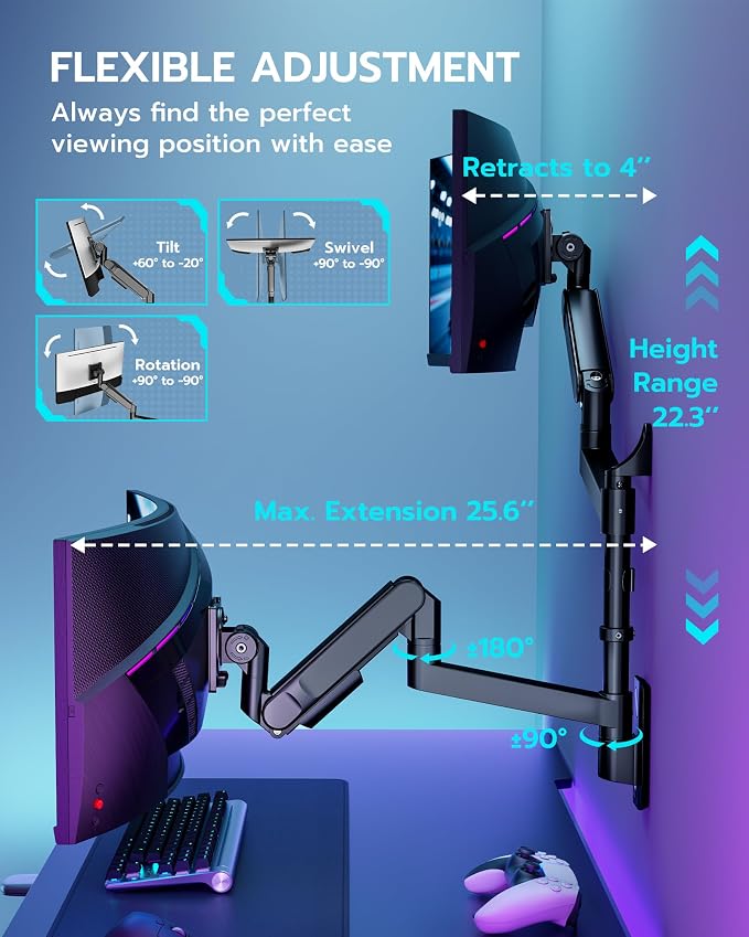 ARES WING Dual Monitor Wall Mount for 24-57 Inch Ultrawide Screen, Black | Premium Heavy Duty Gaming Monitor Arm for 60 lbs, Full Motion Gas Spring, Bearing Head for Easy Adjustment, 75/100 VESA Mount - Image 6