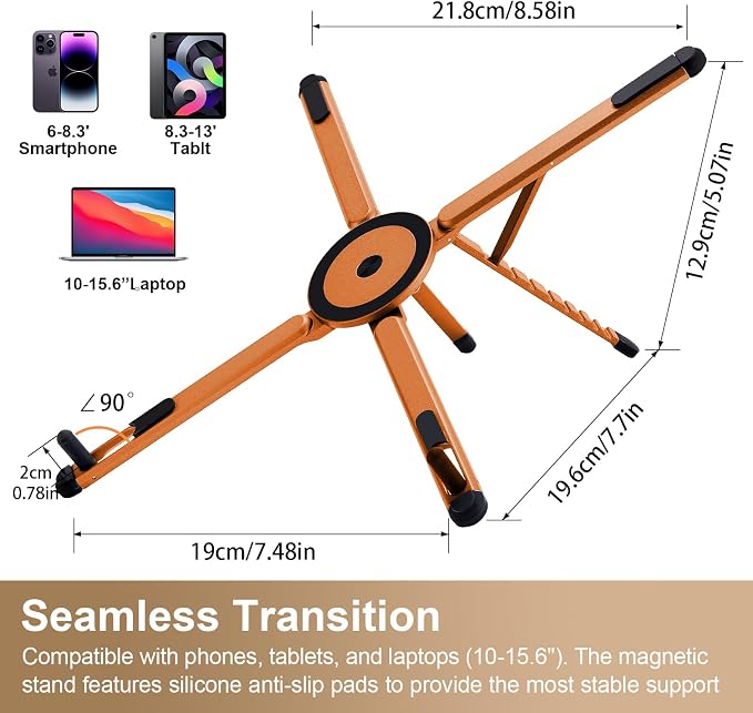 3-in-1 Foldable Magnetic Phone Tripod Stand, Portable Aluminum Alloy Adjustable Holder for Tablet, Laptop MacBook Pro/Air 10–16", Magnet Phone Mount Compatible with MagSafe iPhone Android - Image 2