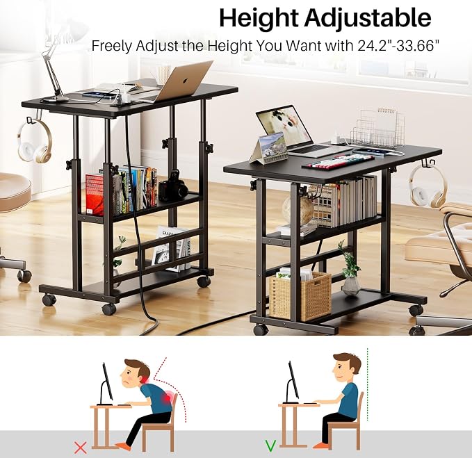 Adjustable Height Standing Desk with Power Outlets, Rolling Stand Up Desk with Storage Shelves, 31.5" Small Mobile Computer Desk, Portable Laptop Table (Black) - Image 3