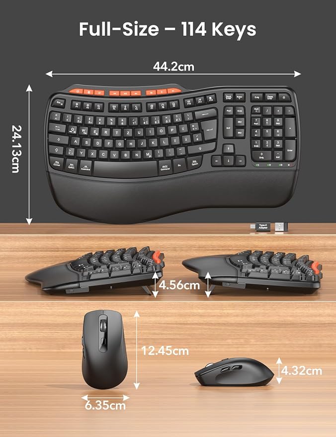 Ergonomic Wireless Keyboard and Mouse Combo, 2.4G Full Size Wave Key Board with Cushioned Palm Rest, Natural Typing, 3 DPI Adjustable Mouse, USB-A & C for Computer/Laptop/Mac/Tablet - Sablute MA31 | Memory Foam Leather Wrist Rest, Stable 2.4GHz Wireles... - Image 9