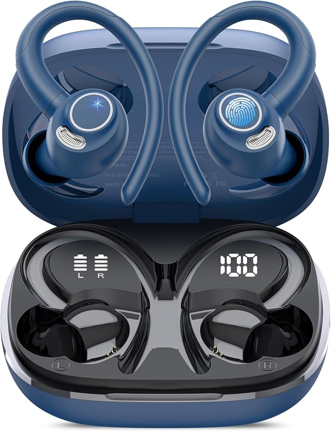Wireless Earbuds, Bluetooth 5.4 Headphones Sport Over Ear Buds with ENC Mic | Noise Cancelling Mic,48H, Wireless Earphone with Earhooks, Stereo Deep Bass, IP7 Waterproof Ear Bud for Workout Running, Blue by Jesebang