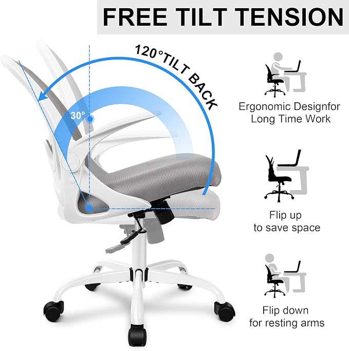 Office Chair Ergonomic Desk Chair with Adjustable Lumbar Support and Height, Swivel Breathable Desk Mesh Computer Chair with Flip up Armrests for Conference Room（Gray） - Image 5