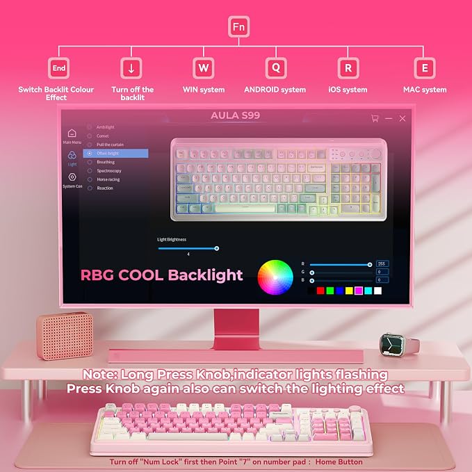 AULA 99 Key Keyboard, Wireless Pink Gaming Keyboard Creamy with Number Pad | Membrane Keyboard,RGB Backlit,Tri-Mode BT/2.4GHz/USB-C,2000mAh Rechargeable Thocky Clicky Creamy Sound Computer Keyboards - Image 4