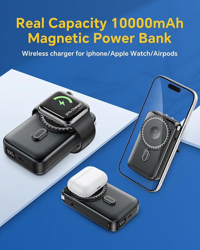 DR.HILL Magnetic Battery Pack Real Capacity 10000mAh, 22.5W Fast Charging Portable Charger with Built-in Cables & AC Wall Plug, Foldable Stand Power Bank for Apple Watch Phone 17/16/15/14/13 (Black) - Image 7