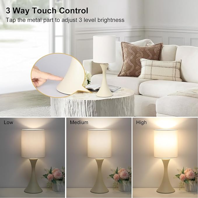 Dimmable Table Lamp, 3 Way Touch Control Desk Lamp, Small Bedside Light | Nightstand Lamp with Beige Shade and Cream Base, Reading Lamp for Living Room, Bedroom, Dorm, Office, 3000K LED Bulb Included - Image 3