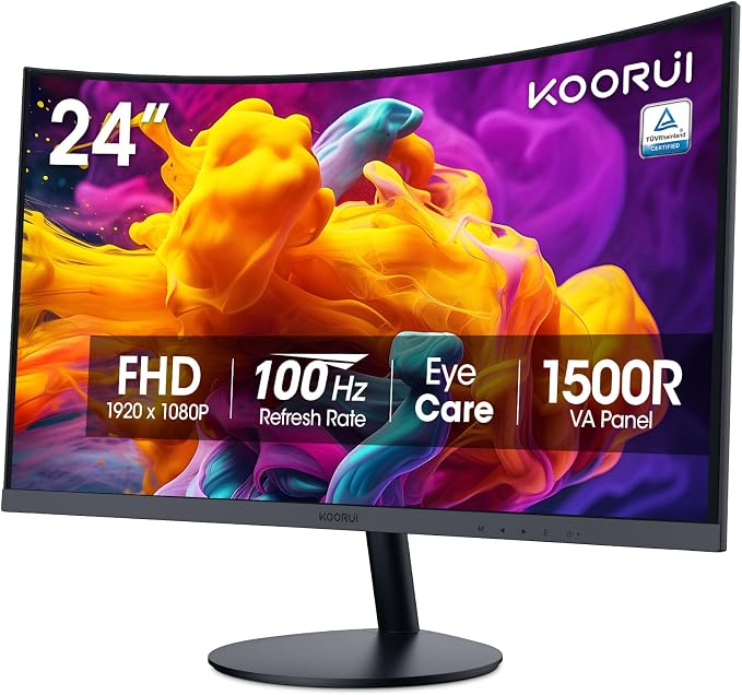 KOORUI 24 inch Curved Computer Monitor, FHD 100Hz VA 1500R PC Screen | Adaptive Sync, 99% sRGB, HDMI/VGA, Eye Care TÜV Rheinland Certified, Tilt Adjustable, Home Office, Study and Everyday Use by KOORUI