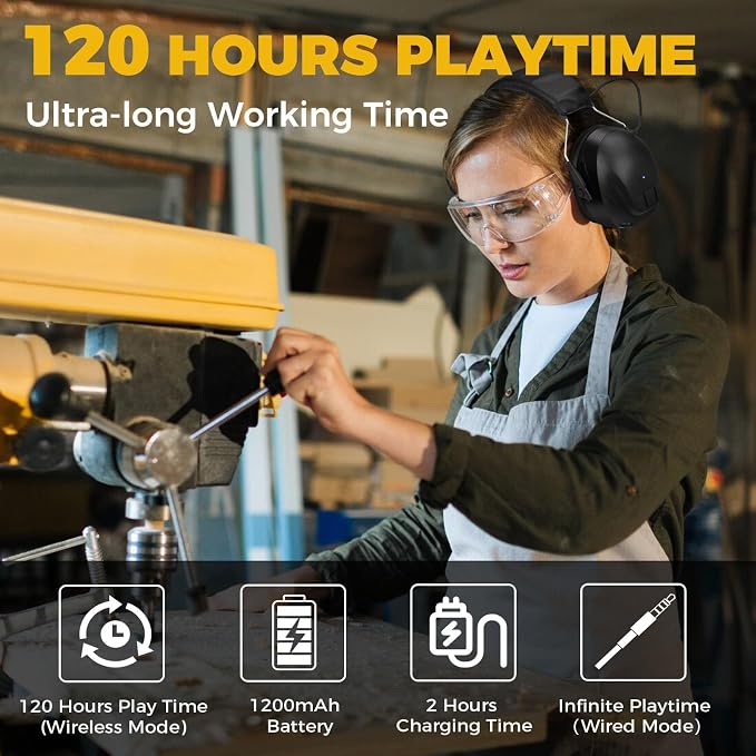 Kalence Bluetooth 5.4 Hearing Protection with 120H Working Time, 30dB Safety Earmuffs, Rechargeable Bluetooth Work Headphones, Ear Protection for Mowing, Workshops, Construction, Snowblowing, Green - Image 3