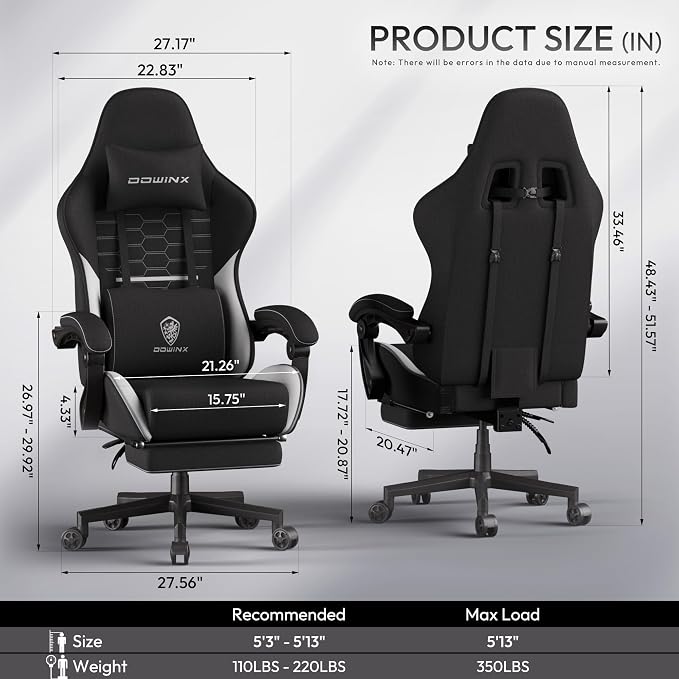 Dowinx Gaming Chair Fabric Big and Tall with Pocket Spring Cushion, Massage Game Chair Cloth with Headrest, Ergonomic Computer Chair with Footrest 350LBS - Image 3