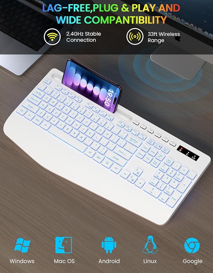 Wireless Keyboard, 7 Colored Backlits, Wrist Rest, Phone Holder-White | Rechargeable Ergonomic Computer Keyboard with Silent Keys, Full Size Lighted Keyboard for Windows, Mac, PC, Laptop - Image 5