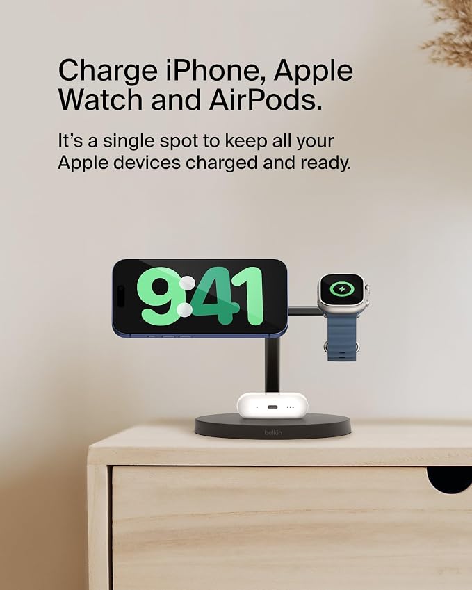 Belkin Qi2 15W Wireless Charging Station, 3 in 1 iPhone Charger | Fast Charging, MagSafe Compatible, iPhone 17/16/15, Apple Watch, AirPods, Travel Charger, Magnetic - Image 2