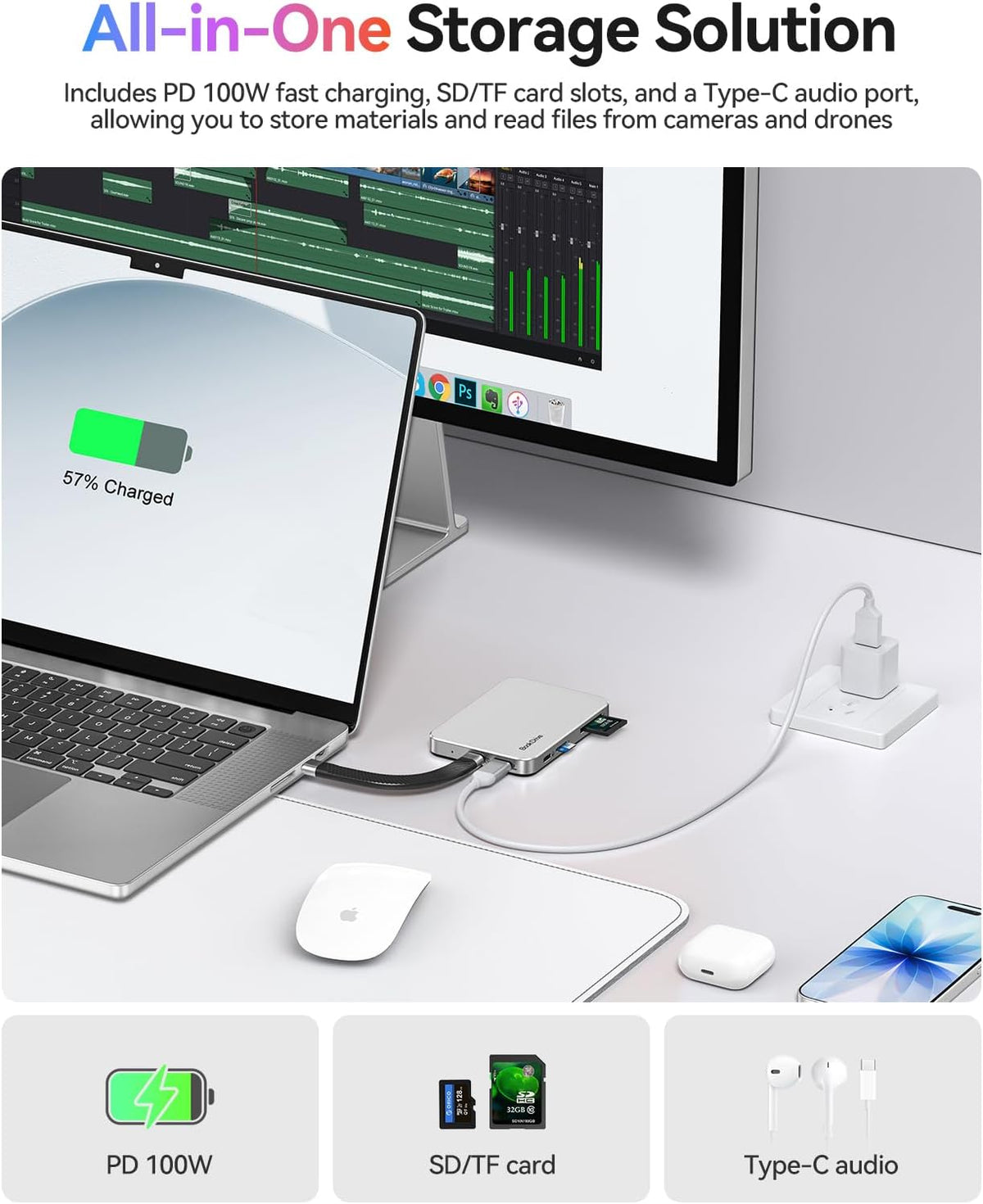 ORICO BookDrive 1TB Magnetic External SSD with SD/TF Card Reader, PD 100W Charging, Type-C Audio Interface for Laptop & USB-C Smartphone - Magsafe Portable SSD, 1000MB/s for USB 3.2 Gen2 - P10PRO - Image 4