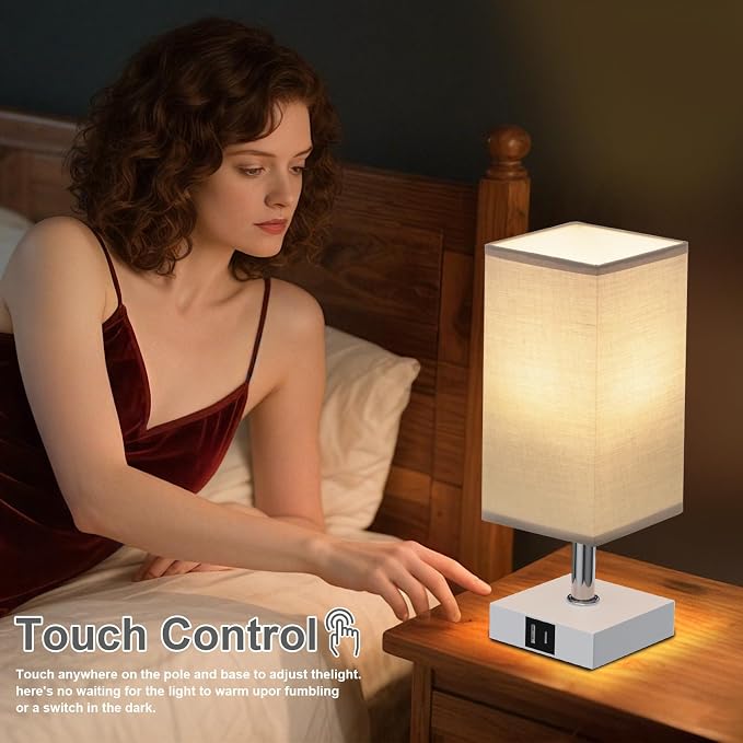 Touch Table Lamp for Bedroom - Dimmable, USB C+A, Grey Lamphade White Base | 3-Way Dimmable, 3000K LED Bulb Included, Square Lampshade, Cute Room Decor for Teen Girls, Kids, Small Lamp for Dorm, Nursery - Image 5