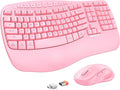MEETION Ergonomic Wireless Keyboard and Mouse Combo with Wave Keys, Pink | Natural wave keys, hard wrist rest, 2.4G USB receiver, full-size layout, 4 DPI optical mouse, for Windows, Mac, desktop PC by MEETION