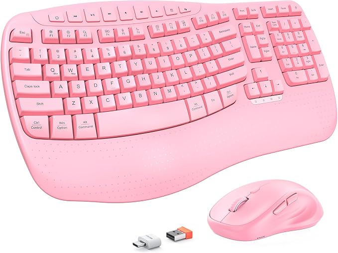 MEETION Ergonomic Wireless Keyboard and Mouse Combo with Wave Keys, Pink | Natural wave keys, hard wrist rest, 2.4G USB receiver, full-size layout, 4 DPI optical mouse, for Windows, Mac, desktop PC by MEETION