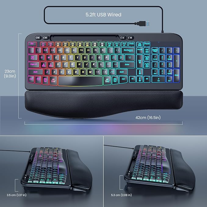 Wired Ergonomic Keyboard, Backlit USB Computer Keyboard with Wrist Rest | 7-Color Backlit Keyboard with Wrist Rest, Wave Keys, Phone Holder, Lighted Keyboard for PC, Laptop, Windows, and Mac - Image 6