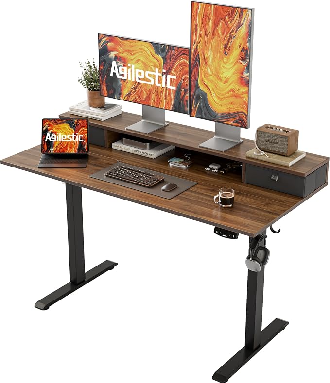 Agilestic 48 x 24 Inches Electric Standing Desk with 2 Storage Drawers, Adjustable Height Sit and Stand Computer Table with Splice Board, Dark Walnut | Electric Height Adjustable, 2 Storage Drawer, Monitor Stand, Sturdy Steel Frame, Memory Presets, Hoo... by Agilestic