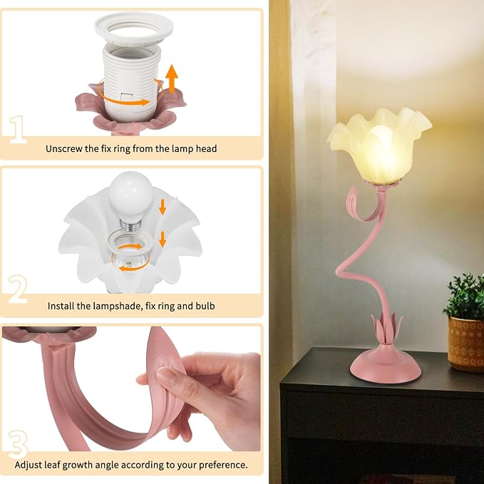 Cute Flower Desk Lamp, 3 Color Temperature Table Lamps with LED Bulb, Vintage Bedside Lamp, Reading Lamps with Soft Light for Bedroom, Living Room（Pink） - Image 5