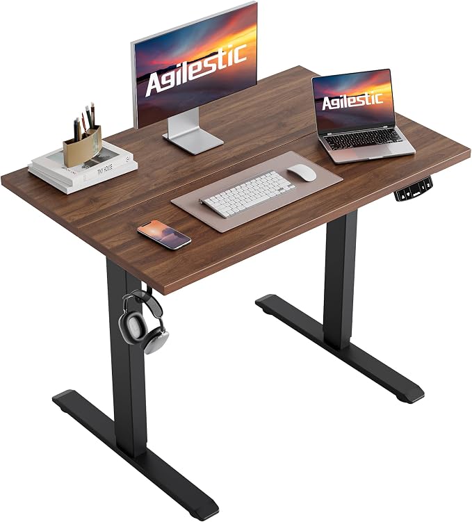 Agilestic Electric Height Adjustable Standing Desk, 48 Inch, Dark Walnut | Smooth Height Adjustment, Memory Presets, Hooks, Stable Steel Frame,154 lbs Capacity, Easy Assembly, Splice Board by Agilestic