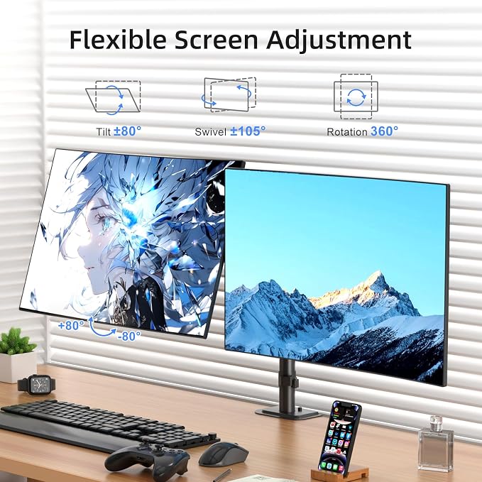 Suptek Dual Monitor Desk Mount, Adjustable Dual Monitor Arm for 2 Monitor Screens up to 43 inch, 15.75" Pole Monitor Stand for Desk, Holds up to 22 lbs, Black(MD9442LB) - Image 3