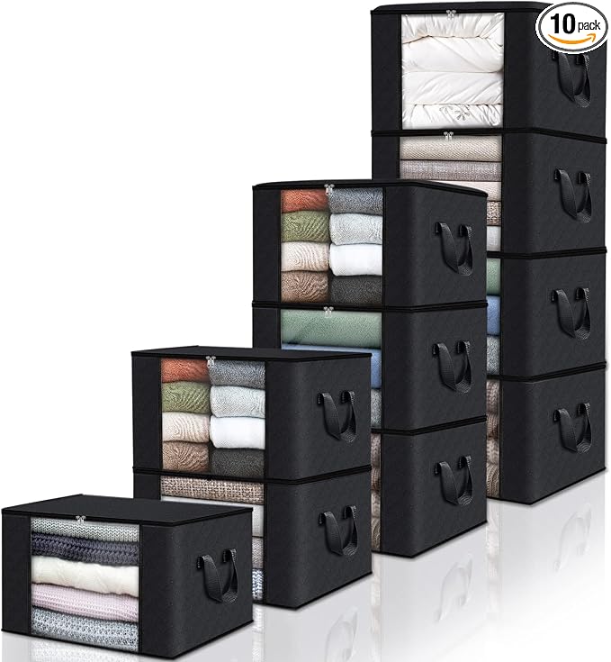 Fab totes 10 Pack Storage Bags for Clothes Blanket Storage Bins with Lids | Foldable Closet Organizers with Zippers,Window and Handles,Fabric Storage Bins for Sweater,Comforter,Bedding,Dorm essentials by Fabtotes