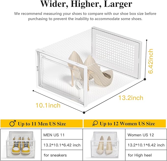 Kuject X-Large Shoe Storage Boxes 12 Pack, Clear Stackable Shoe Organizer | Shoe Case for Closet, Entryway & Under-Bed Storage, Drop-Front Design, Space-Saving Solution for Family Organization,White - Image 3
