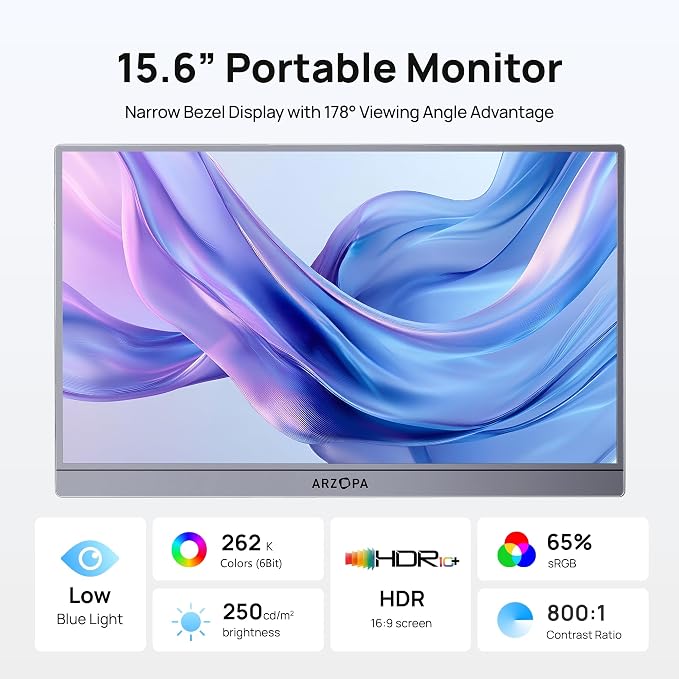 ARZOPA Portable Monitor 15.6'' FHD 1080P - Ultra-Slim Portable Laptop Monitor with Kickstand - IPS Display for PC, MAC, Phone, Xbox, PS5 - USB C & HDMI Connectivity - A1 Gray - Image 2