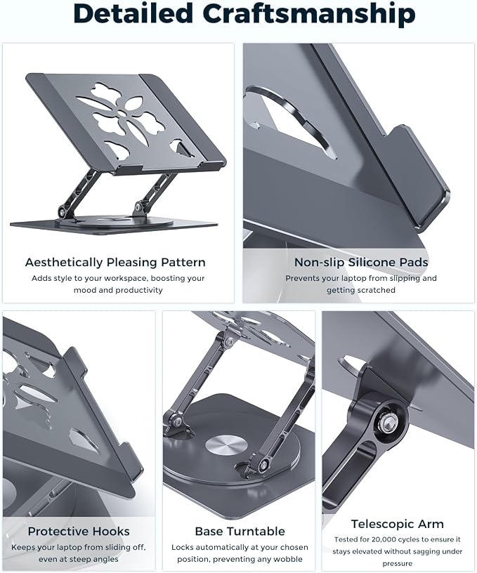 Aoviho 360° Rotating Laptop Stand for Desk | Adjustable, Foldable, Portable Aluminum Ergonomic Riser | Compatible with MacBook, Dell, HP & All Laptops 10-16 inch | Gray - Image 7