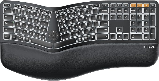 ProtoArc EK01 Plus Backlit Bluetooth Ergonomic Keyboard, Full Size, Black | Adjustable brightness, split design, cushioned wrist rest, connect 3 devices via Bluetooth/2.4G, 2000mAh USB-C rechargeable. by ProtoArc
