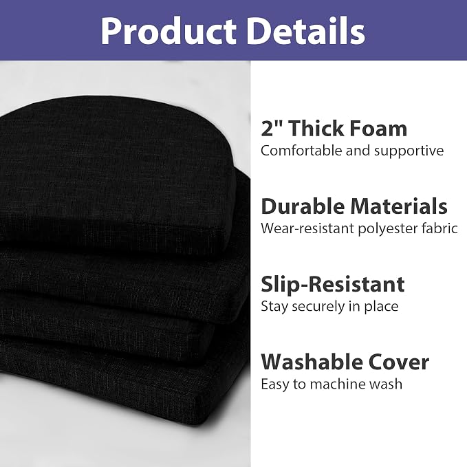 IPYNBAP Chair Cushions for Dining Chairs, Kitchen Chair Cushions, 16'' x 16'' x 2'', Non Slip Indoor Seat Cushions, Chair Pads for Dining Chairs with Ties & Removable Cover, Set of 4, Black - Image 2