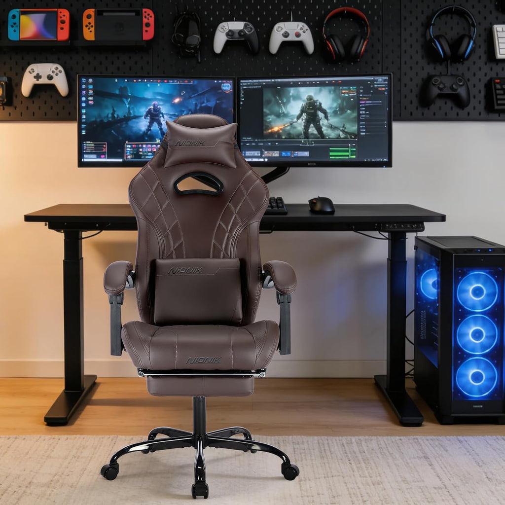 Gaming Chair with Footrest and Massage Lumbar Support, Ergonomic Computer Gamer Chair, Office Video Game Chairs with Adjustable Height and Backrest (Coffee) - Image 2