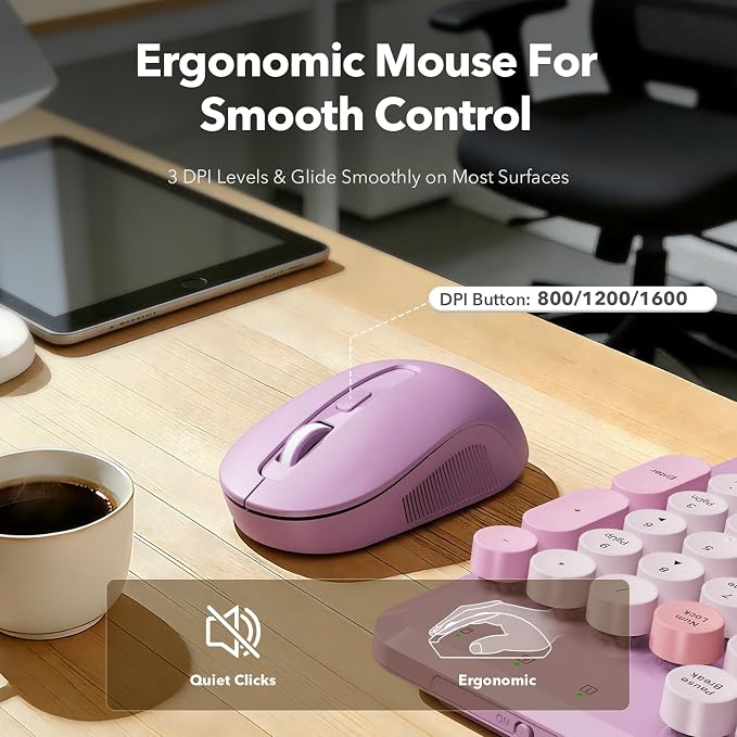 Wireless Keyboard Mouse Combo, Purple, Round Keycaps, Magnetic Wrist Rest | Full-size typewriter-style keyboard, 3 DPI mouse, auto sleep, 2.4GHz for Mac Windows PC laptop, lavender purple, Trueque CK23 - Image 6