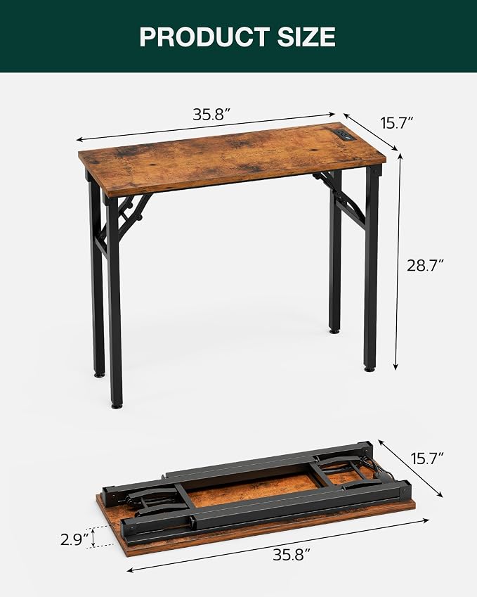 Small Folding Computer Desk – 35.8 Inch Portable Table for Craft and Study, Lightweight Desk for Small Spaces, Foldable Laptop Table Built-in AC/USB Outlets for Convenience, Rustic Brown - Image 2