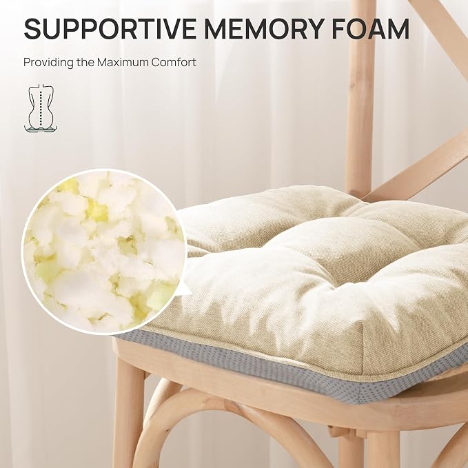 Love's cabin Memory Foam Chair Cushions Set of 4, 19 Inch, Beige | 19"x19"x3.5", Indoor & Outdoor Chair Seat Pads with Non-slip Bottom and Ties, for Dining, Kitchen, Office and Patio Chair - Image 4