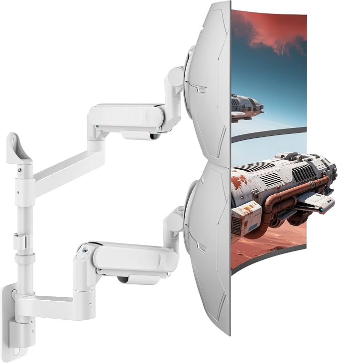 ARES WING Dual Monitor Wall Mount for 24-57 Inch Ultrawide Screen, White | Premium Heavy Duty Gaming Monitor Arm for 60 lbs, Full Motion Gas Spring, Bearing Head for Easy Adjustment, 75/100 VESA Mount by ARESWING