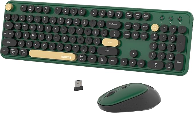 Colorful Wireless Computer Keyboards Mouse Combos (Green-Black) | UBOTIE Polychrome Round Keycaps Retro PC keyboards 2.4GHz Radio Frequency Connection With Optical Mouse Power Switch by UBOTIE