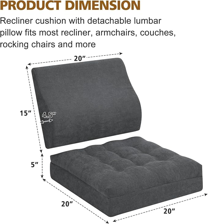 Recliner Cushion for Elderly with Lumbar Support Pillow - 20x20x5 Inch Extra Thick Recliner Seat Cushion for Seniors Relief Back Pain and Tailbone Pain from Long Sitting Non-Slip Bottom - Image 6