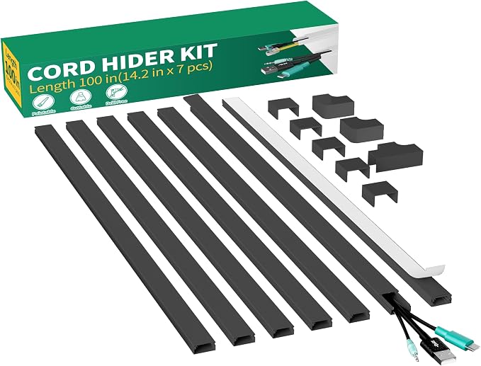 Delamu Cord Hider, 100in Self-Adhesive Cord Cover Kit for Wall Mounted TV, Paintable Wire Hider, Flexible Cable Management System, Cable Raceway Conceals 2-3 Wires, W0.95 H0.55in, Black by DELAMU