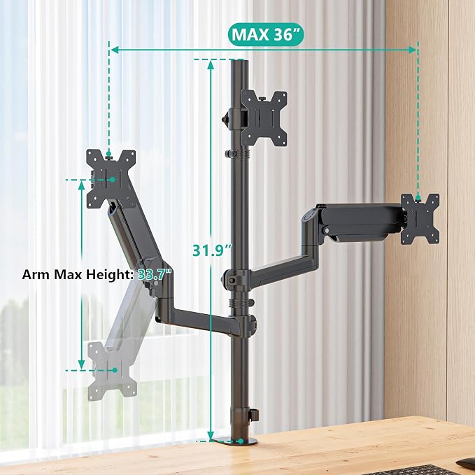 WALI Stacked Triple Monitor Mount for 13-27 inch Screens, 19.8 lbs per Arm | Tall 3 Monitor Desk Mount, Full Motion with Tilt, Swivel, Rotation, C-Clamp & Grommet Base, VESA 75/100mm (GSDM003S), Black - Image 6
