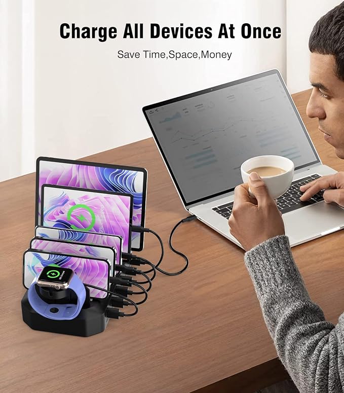 95W Fast Charging Station for Multiple Devices, 6-Port USB Charging Dock | Patent & Safety Certs, 2 PD Ports, With 8 Cables, 2 Stands, Compatible with Cellphones/iPad/MacBook/Kindle/Tablets - Image 5