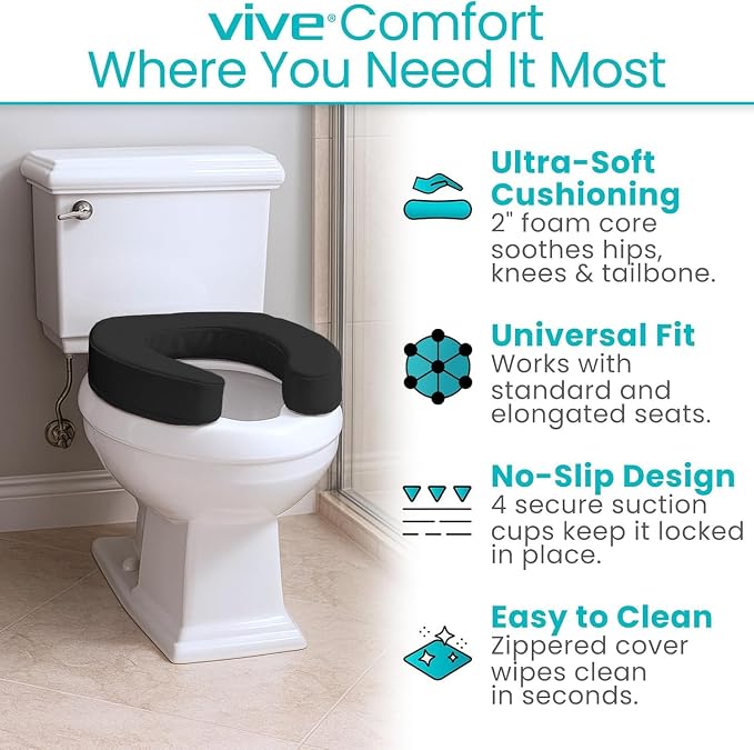 Vive Toilet Seat Cushion (Soft Cushioned Foam) - Easy Clean Padded Bathroom | Attachment - Elongated, Standard Seats - Comfort and Support Donut for Handicap, Adults (2" Cushioned Foam, Black) - Image 3
