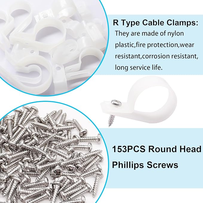 TWTADE 306PCS White Cable Clamps Assortment Kit, Nylon Plastic R-Type 6 Sizes 3/16'' 1/4'' 3/8'' 1/2'' 3/4'' 1'' Cable Mounting Wire Clips Fastener with Screws for Wire Management - Image 4