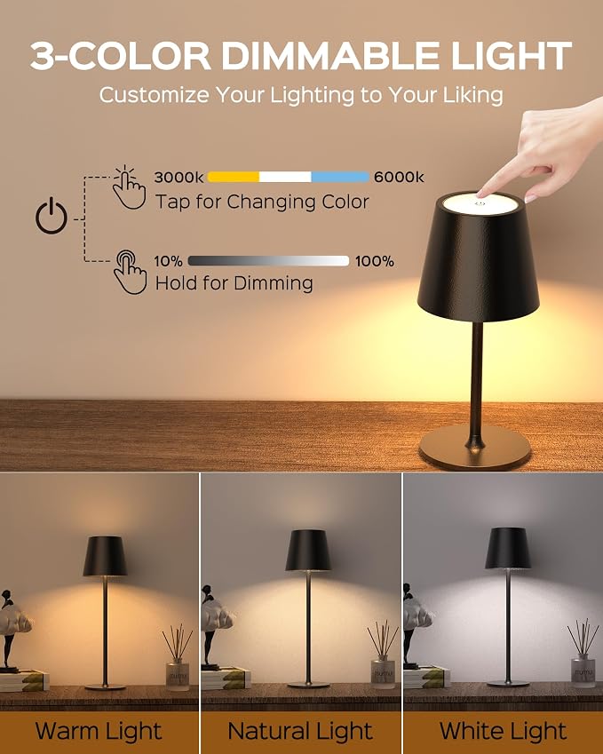 JACKYLED Cordless Table Lamps Rechargeable, 3 Adjustable Height, 5000 Capactiy Operated, 3 Colors Smooth Dimming, Portable LED Waterproof Table Lamp for Dining, Bedroom, Outdoor (2 Pack) - Image 5